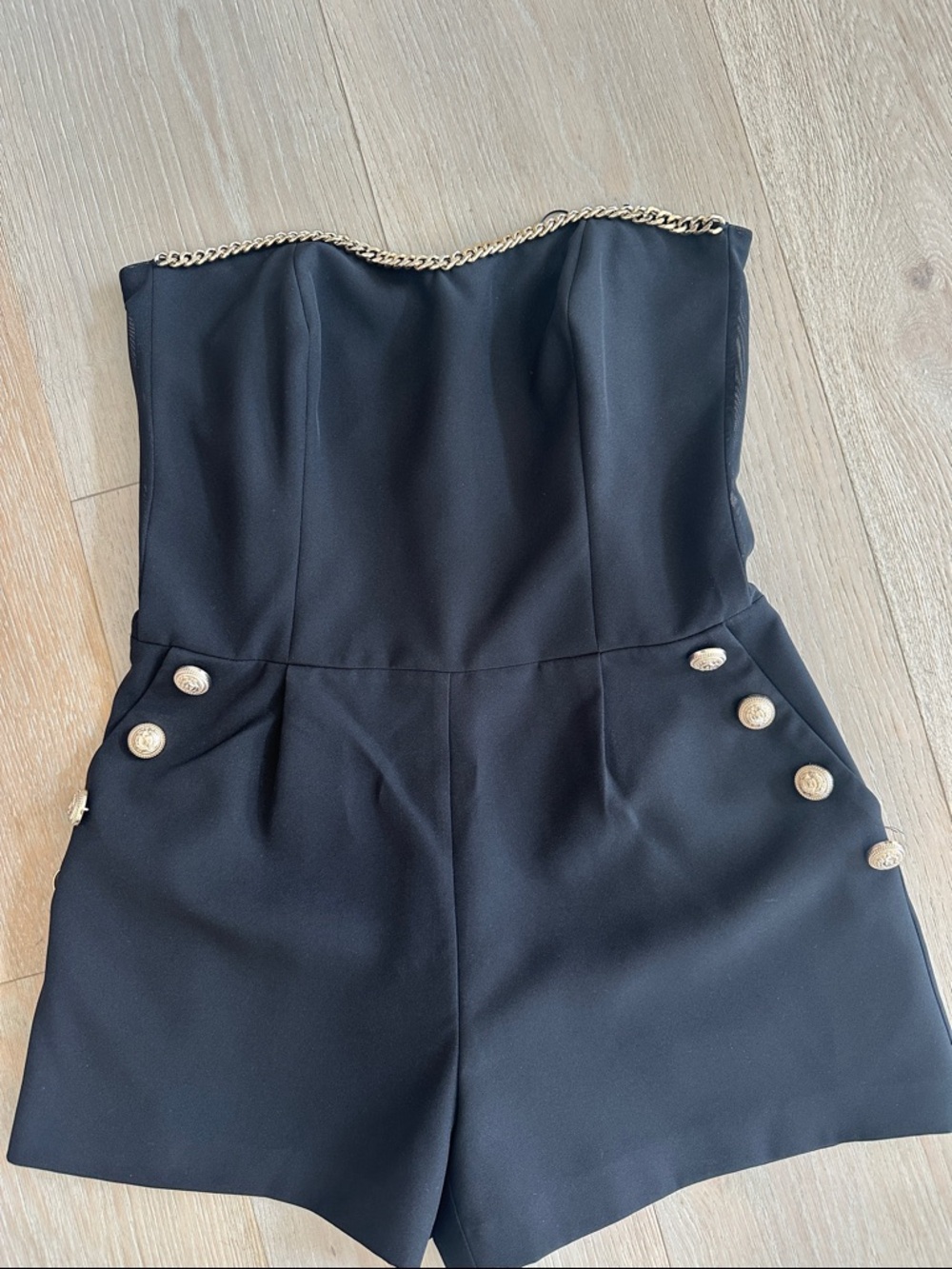 Generation Love Black Strapless Romper with Gold Chain Detail